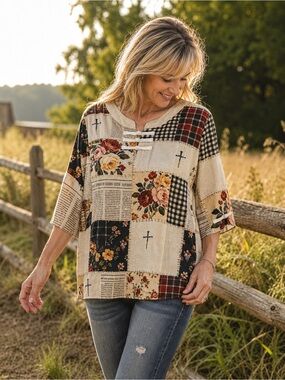 🍂 Boutique Patchwork Floral Top | Size L | Boho Fall Transition